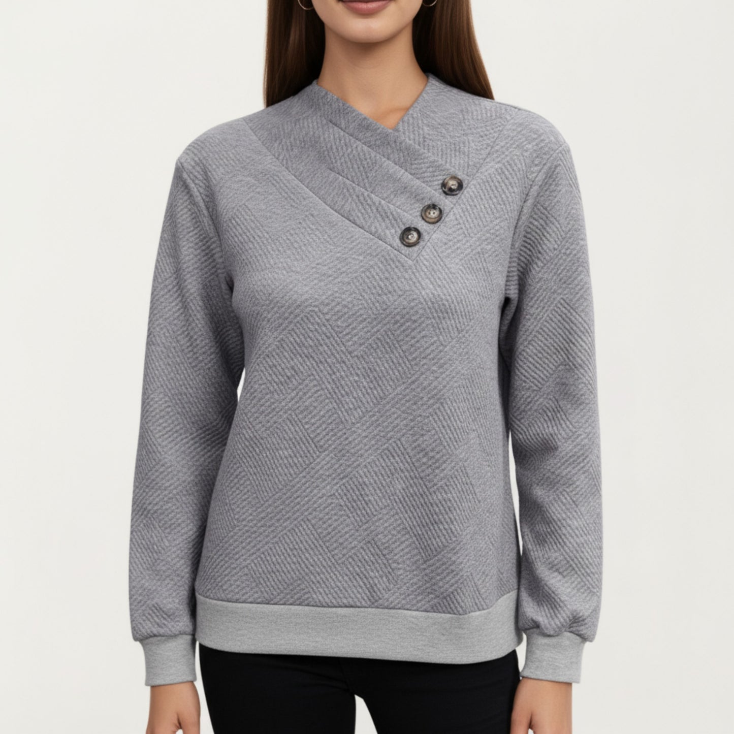 Long Sleeve Textured Knit Pullover Top with Asymmetrical Button Detail and Ribbed Hem