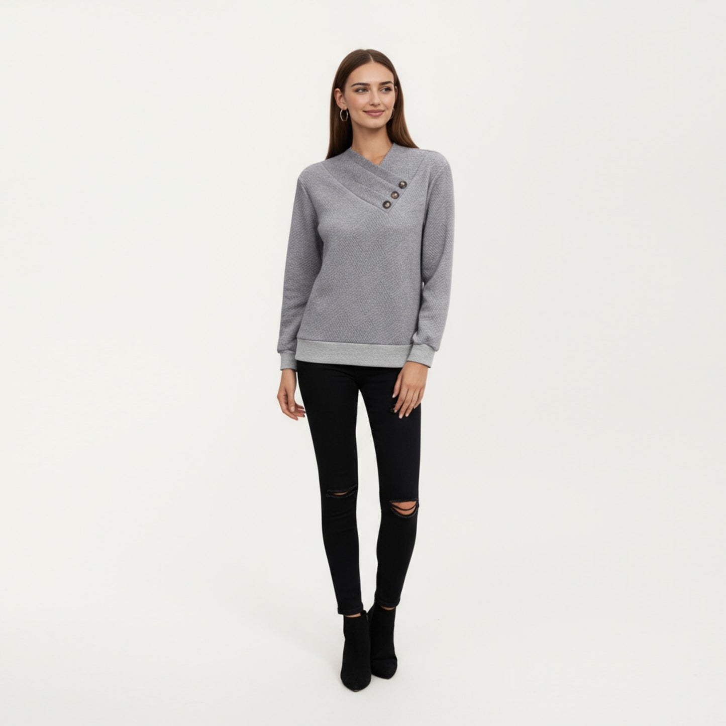 Long Sleeve Textured Knit Pullover Top with Asymmetrical Button Detail and Ribbed Hem