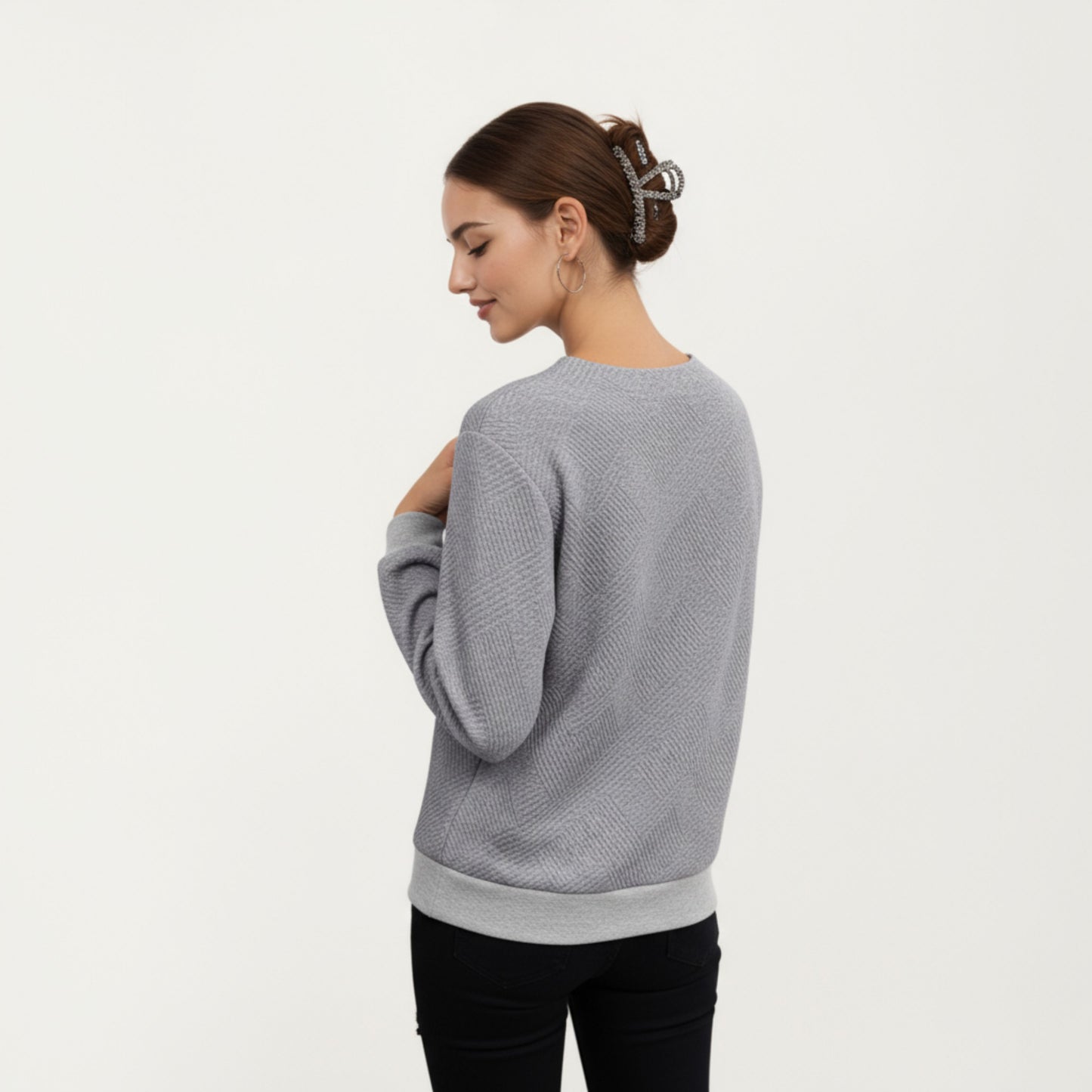 Long Sleeve Textured Knit Pullover Top with Asymmetrical Button Detail and Ribbed Hem