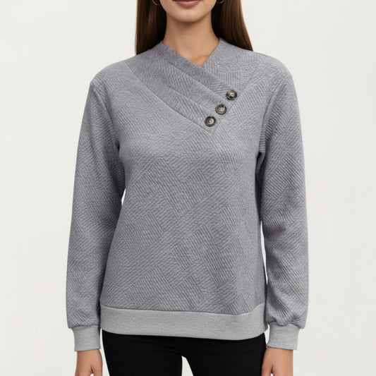 Long Sleeve Textured Knit Pullover Top with Asymmetrical Button Detail and Ribbed Hem