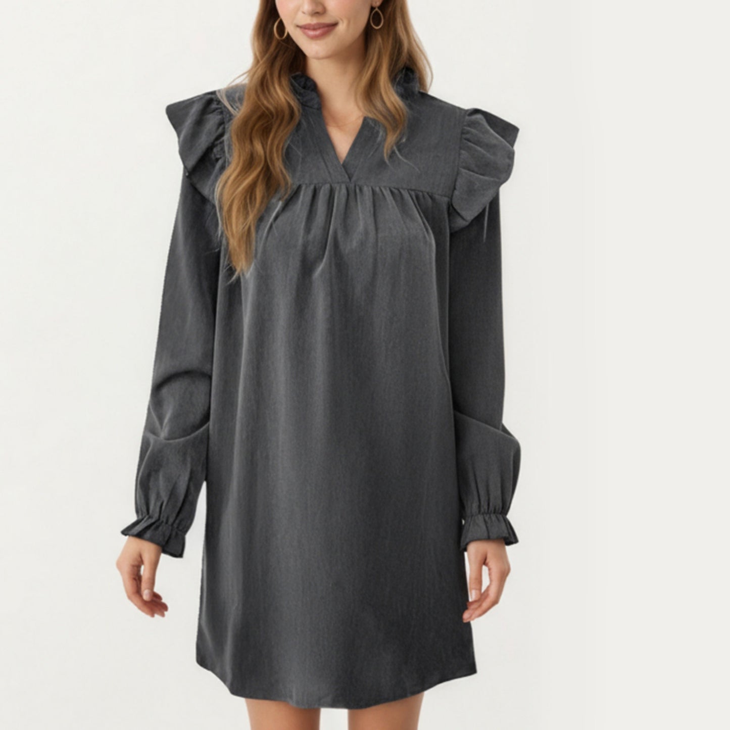 Long Sleeve Ruffle Shoulder Mini Dress with V-Neckline and Relaxed Fit