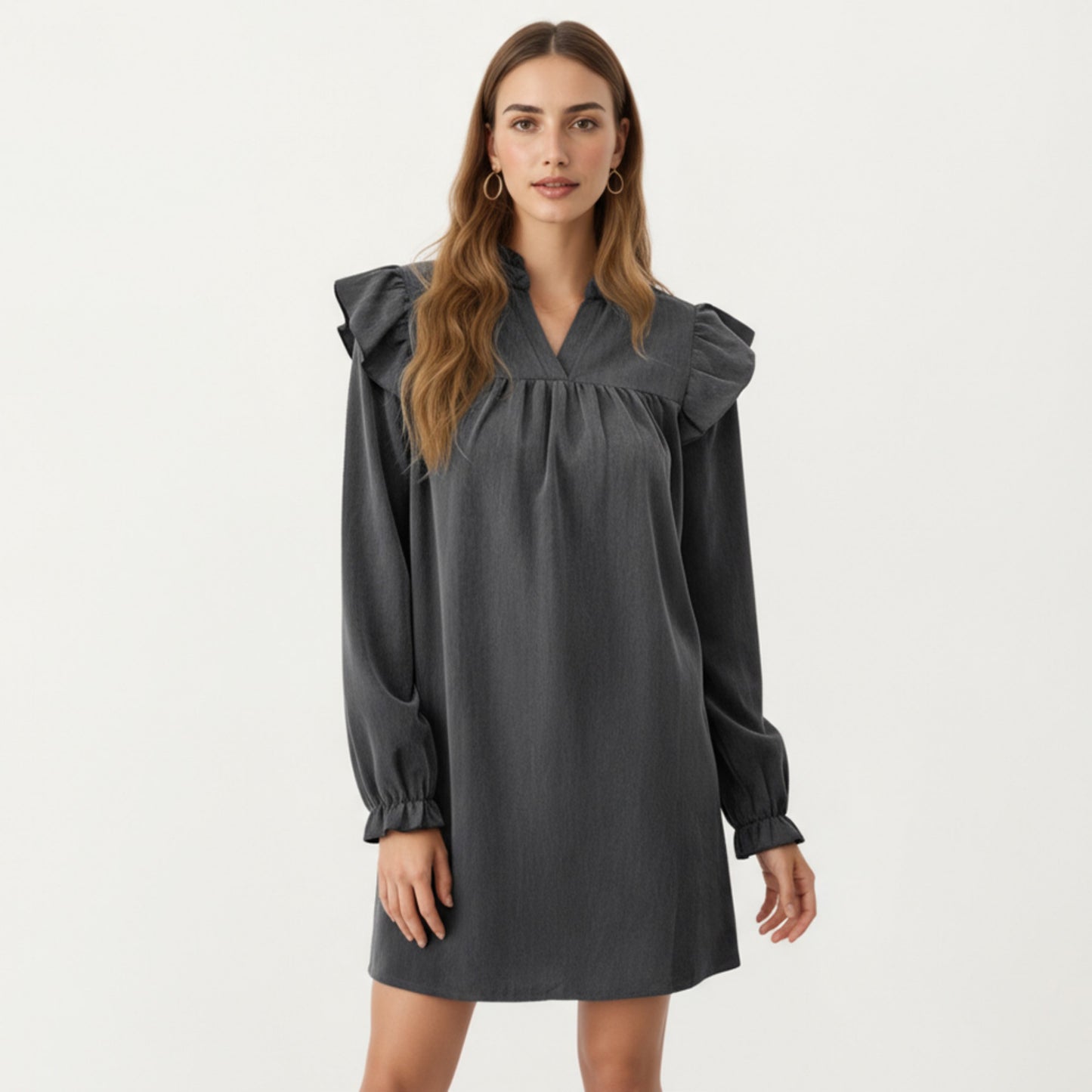 Long Sleeve Ruffle Shoulder Mini Dress with V-Neckline and Relaxed Fit