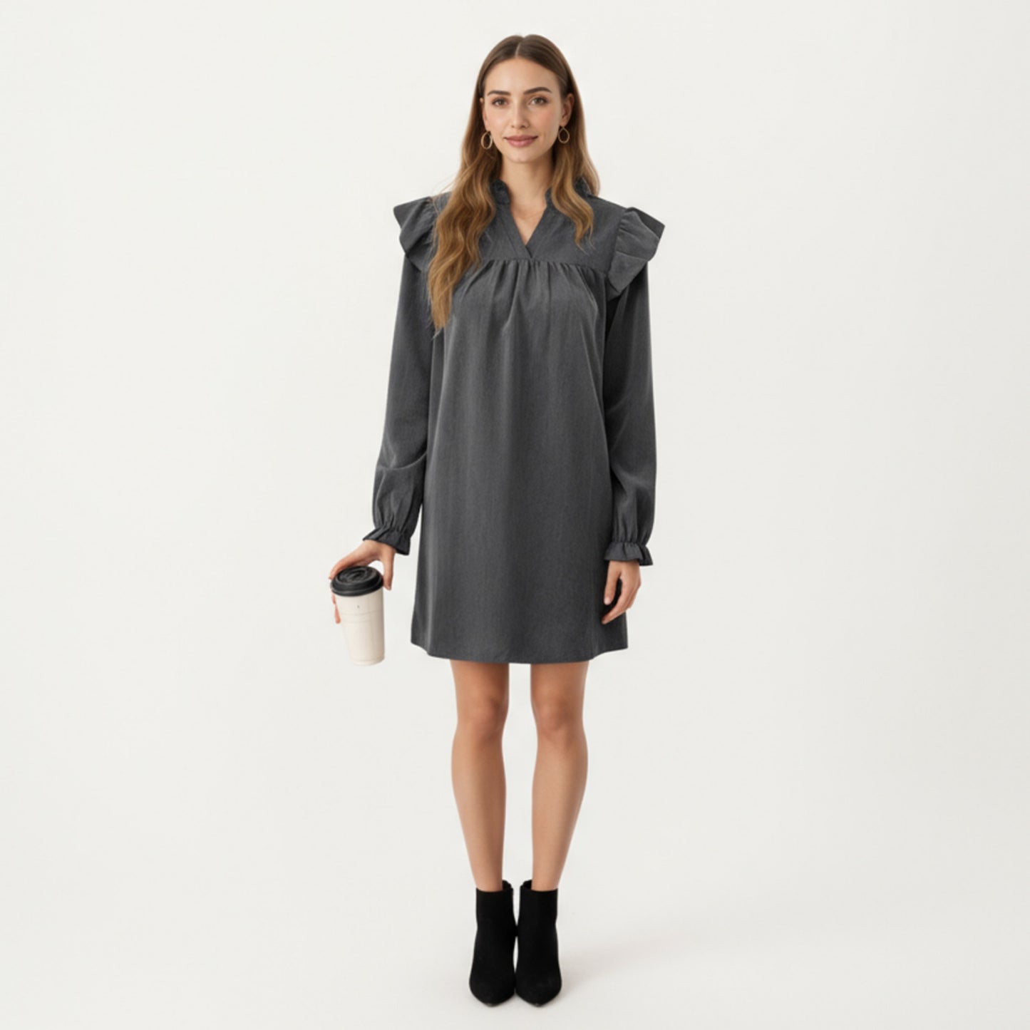 Long Sleeve Ruffle Shoulder Mini Dress with V-Neckline and Relaxed Fit