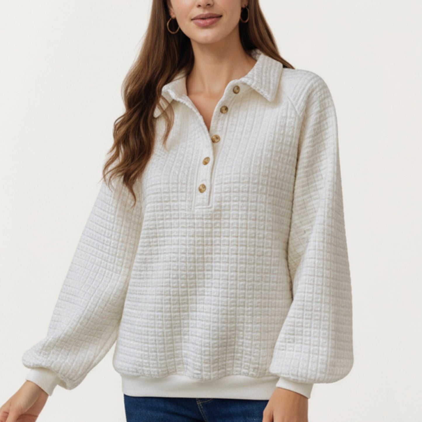 Long Sleeve Waffle Knit Pullover Top with Button Placket and Collared Neckline