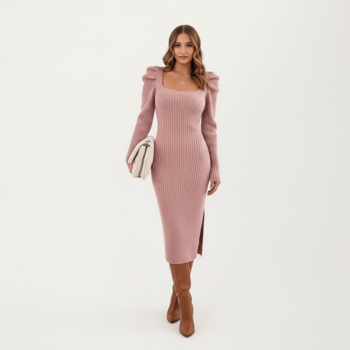 Long Sleeve Ribbed Knit Midi Dress with Square Neckline and Shoulder Ruffle Detail