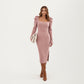 Long Sleeve Ribbed Knit Midi Dress with Square Neckline and Shoulder Ruffle Detail