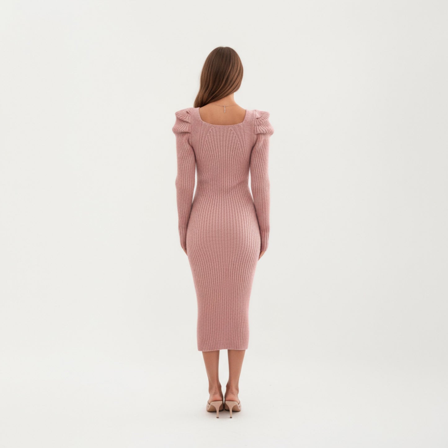 Long Sleeve Ribbed Knit Midi Dress with Square Neckline and Shoulder Ruffle Detail