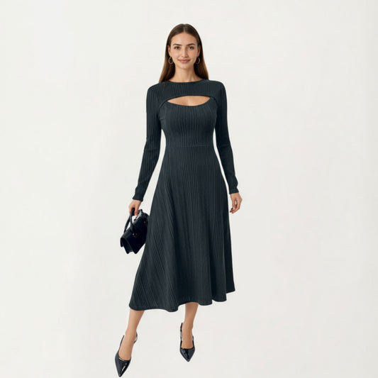 Long Sleeve Ribbed Knit Midi Dress with Front Cutout and Flared Hem