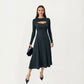 Long Sleeve Ribbed Knit Midi Dress with Front Cutout and Flared Hem