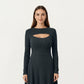 Long Sleeve Ribbed Knit Midi Dress with Front Cutout and Flared Hem