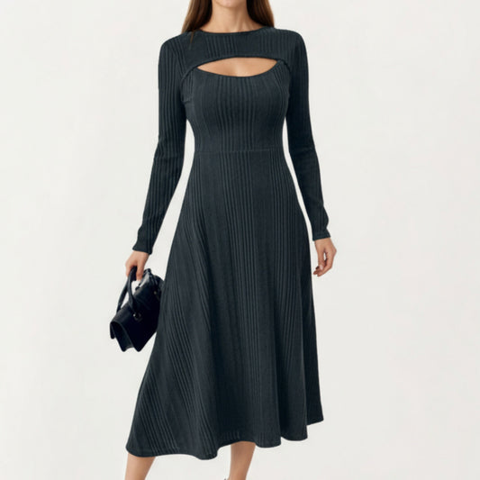 Long Sleeve Ribbed Knit Midi Dress with Front Cutout and Flared Hem