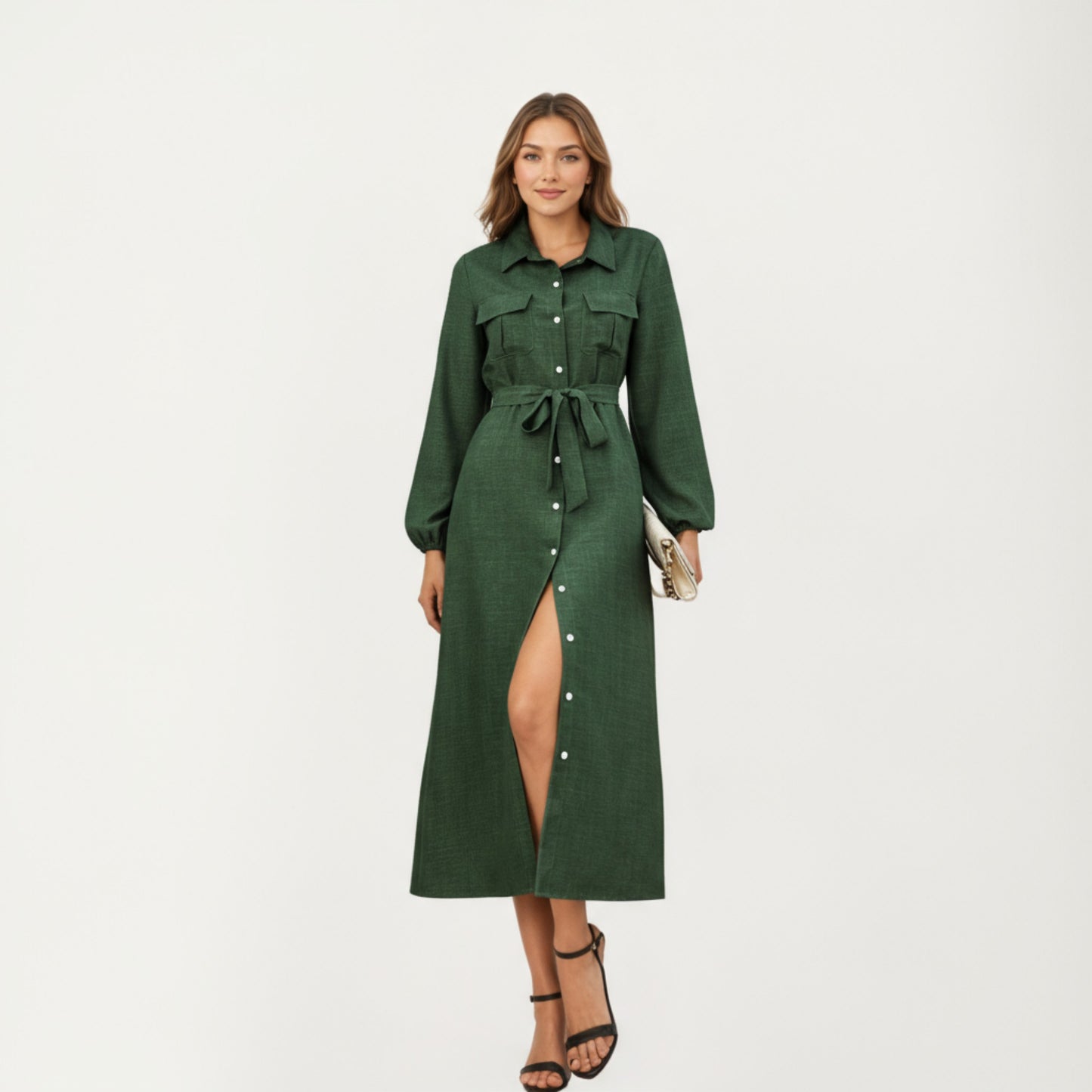 Long Sleeve Button-Down Midi Shirt Dress with Waist Tie and Front Slit