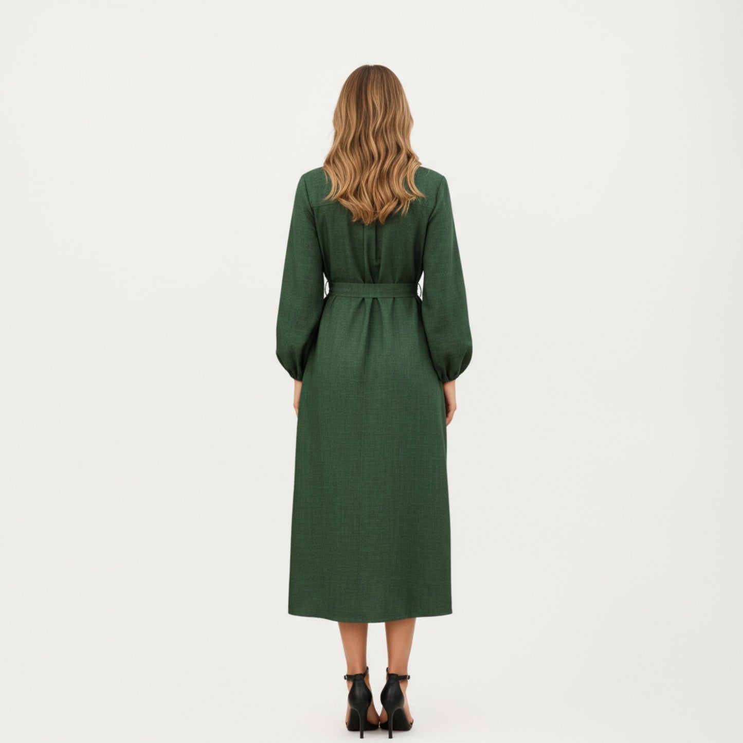 Long Sleeve Button-Down Midi Shirt Dress with Waist Tie and Front Slit