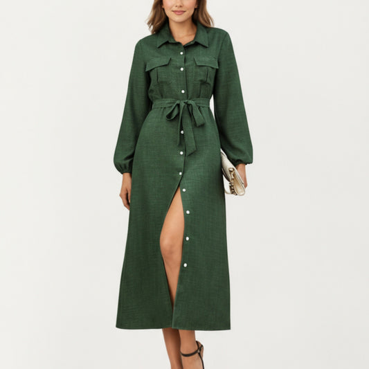 Long Sleeve Button-Down Midi Shirt Dress with Waist Tie and Front Slit