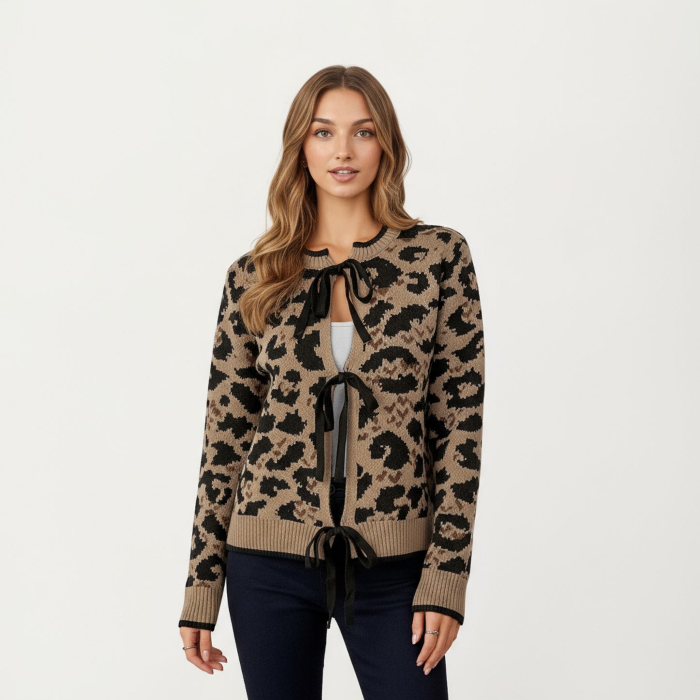 Leopard Print Knit Cardigan with Front Tie Closures and Ribbed Trim
