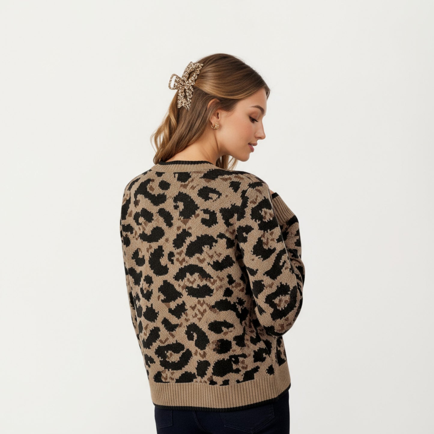 Leopard Print Knit Cardigan with Front Tie Closures and Ribbed Trim