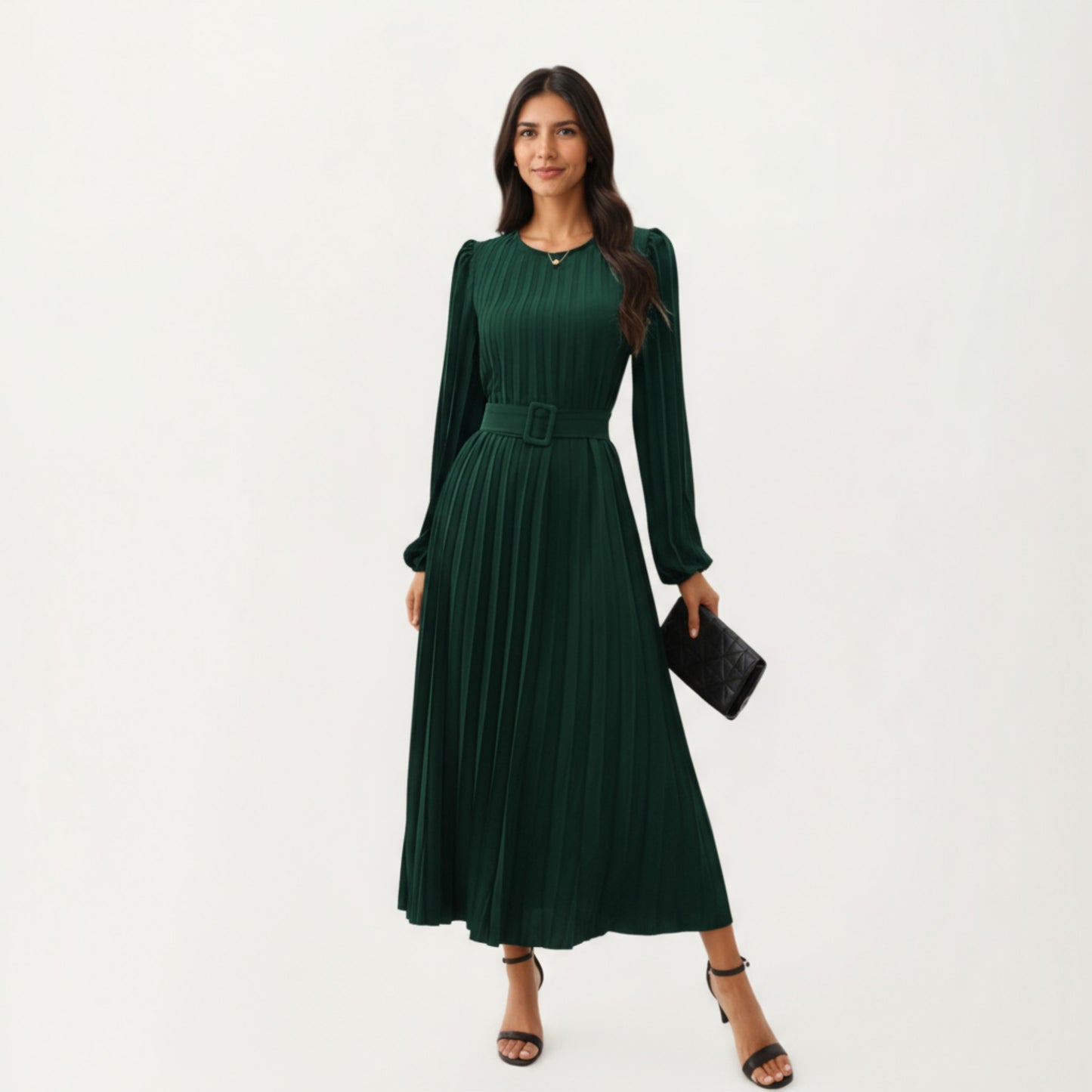 Long Sleeve Pleated Midi Dress with Belted Waist and Crew Neck