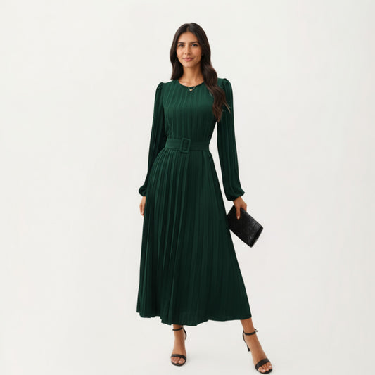 Long Sleeve Pleated Midi Dress with Belted Waist and Crew Neck