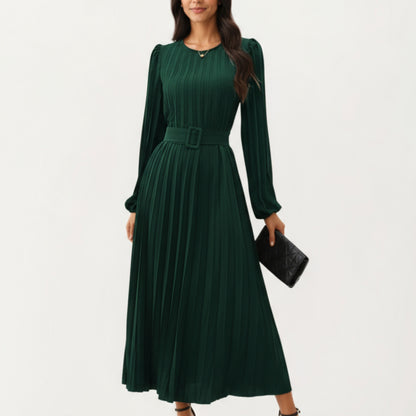 Long Sleeve Pleated Midi Dress with Belted Waist and Crew Neck