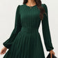Long Sleeve Pleated Midi Dress with Belted Waist and Crew Neck