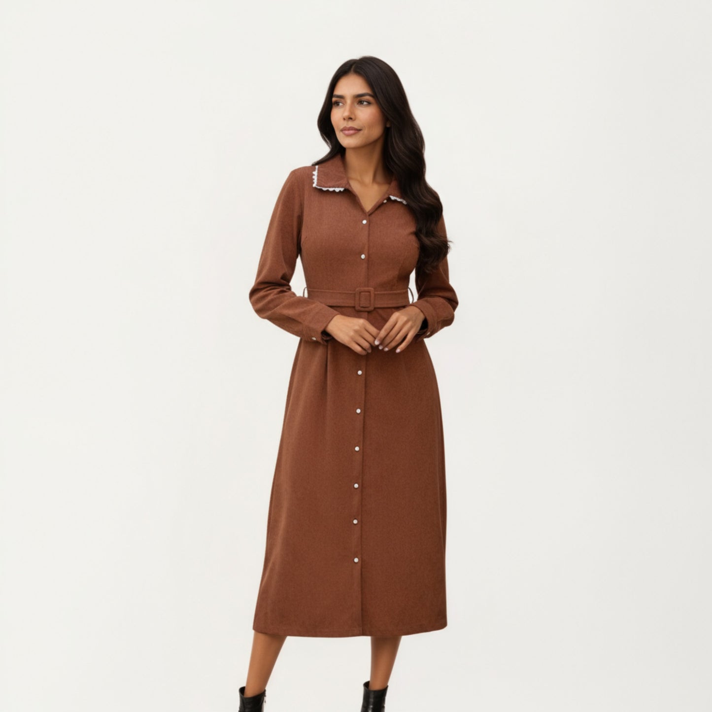 Long Sleeve Button-Down Midi Dress with Belted Waist and Contrast Trim Collar
