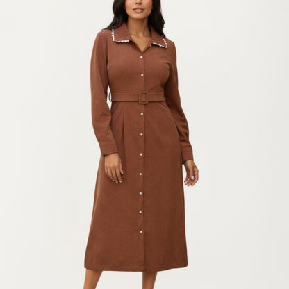 Long Sleeve Button-Down Midi Dress with Belted Waist and Contrast Trim Collar