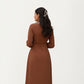 Long Sleeve Button-Down Midi Dress with Belted Waist and Contrast Trim Collar