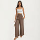 High Waist Smocked Wide Leg Pants with Side Pockets and Relaxed Fit