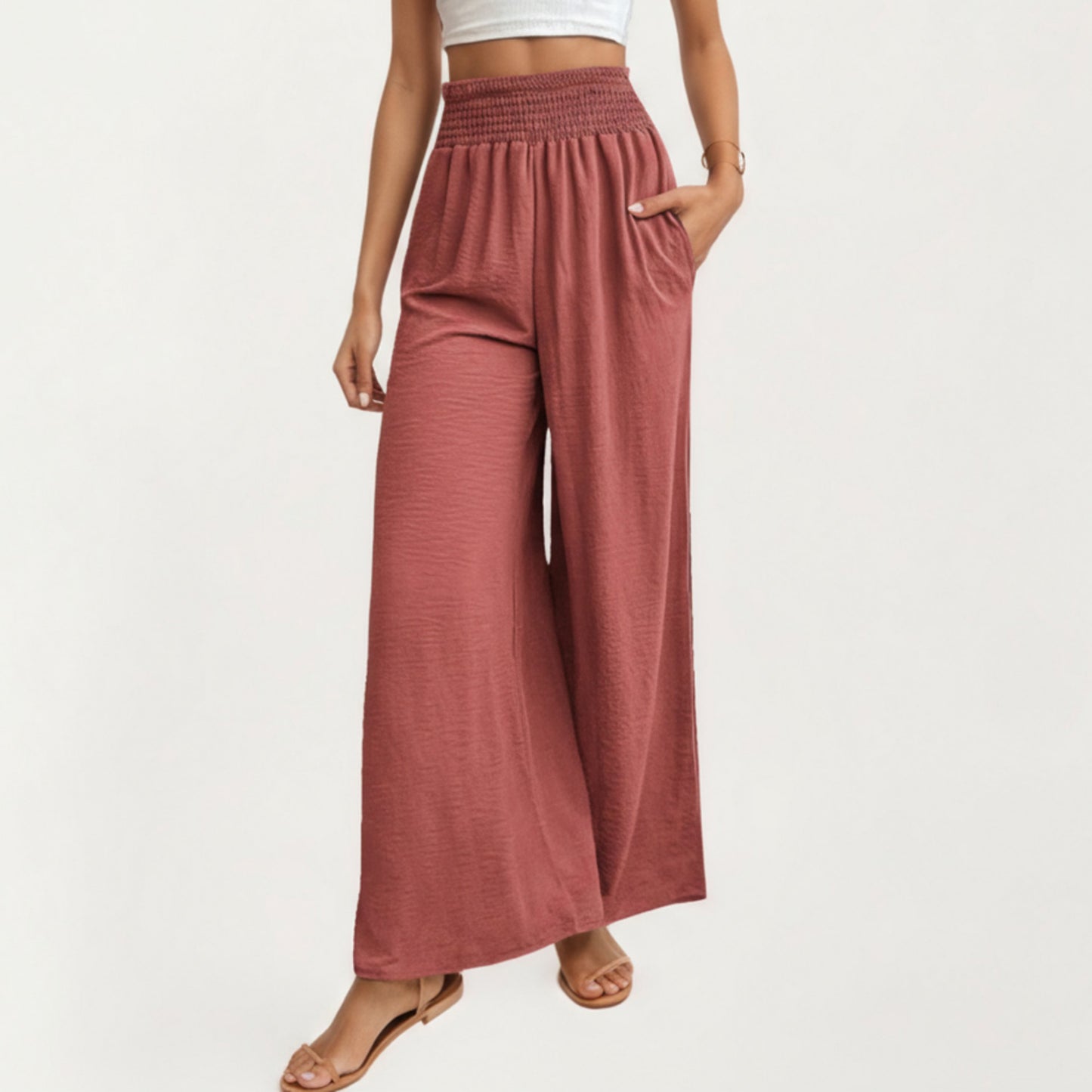 High Waist Smocked Wide Leg Pants with Side Pockets and Relaxed Fit