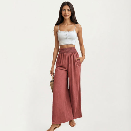 High Waist Smocked Wide Leg Pants with Side Pockets and Relaxed Fit