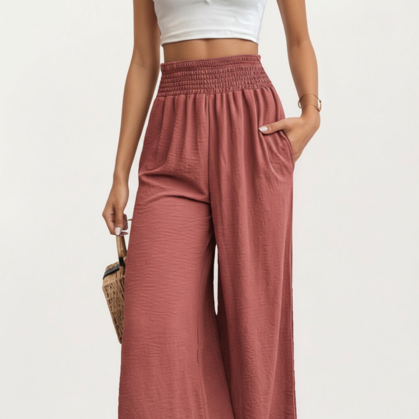 High Waist Smocked Wide Leg Pants with Side Pockets and Relaxed Fit