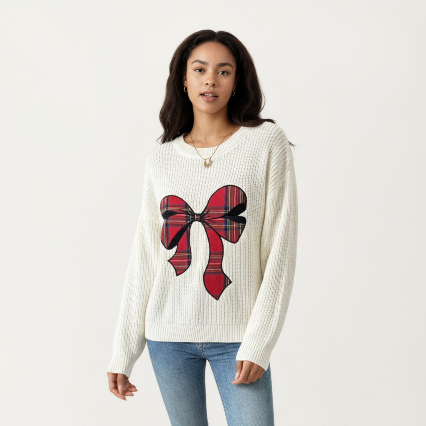Long Sleeve Knit Sweater with Plaid Bow Front Detail and Ribbed Hem