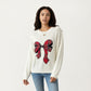 Long Sleeve Knit Sweater with Plaid Bow Front Detail and Ribbed Hem
