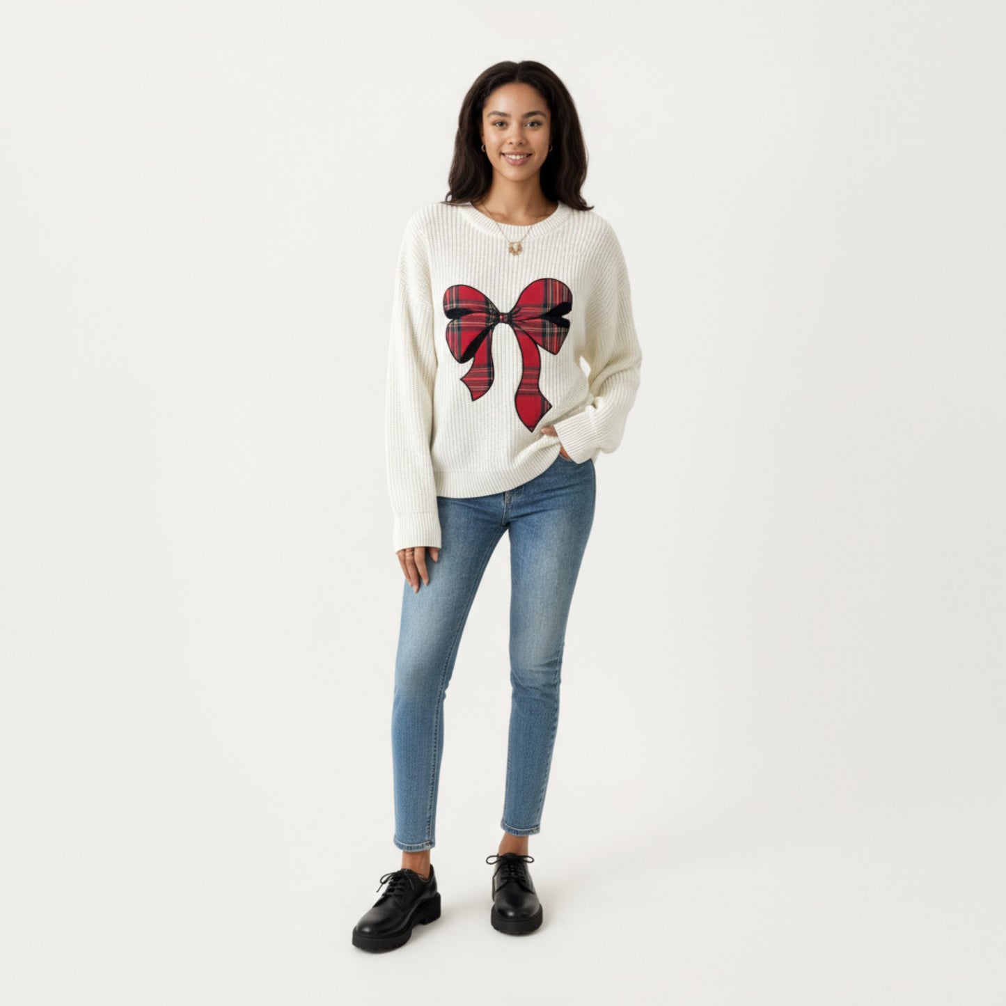 Long Sleeve Knit Sweater with Plaid Bow Front Detail and Ribbed Hem