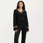 2-Piece Set Knit V-Neck Top and Flare Pants with Contrast Trim Details