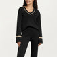 2-Piece Set Knit V-Neck Top and Flare Pants with Contrast Trim Details