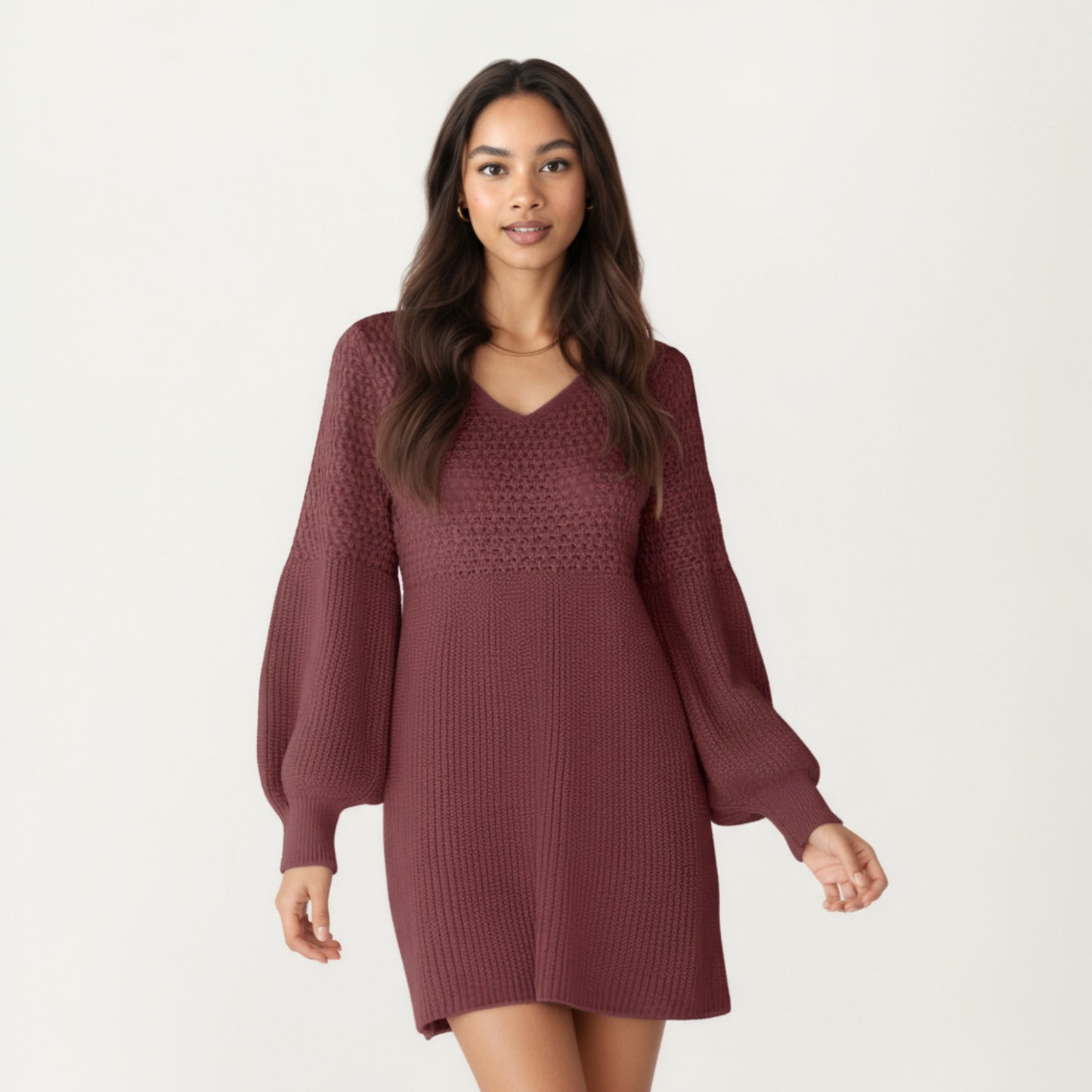 Long Sleeve Knit Sweater Dress with Textured Stitch Detail and Balloon Sleeves