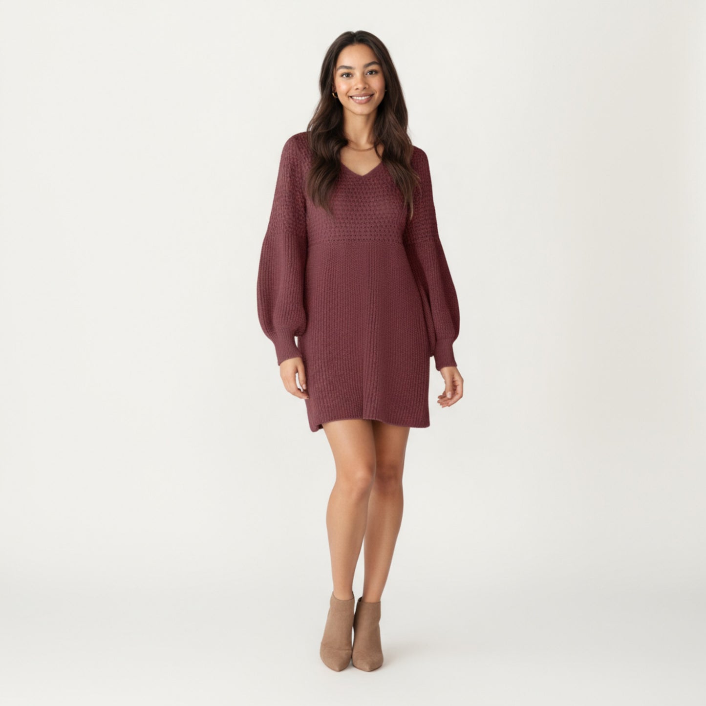 Long Sleeve Knit Sweater Dress with Textured Stitch Detail and Balloon Sleeves