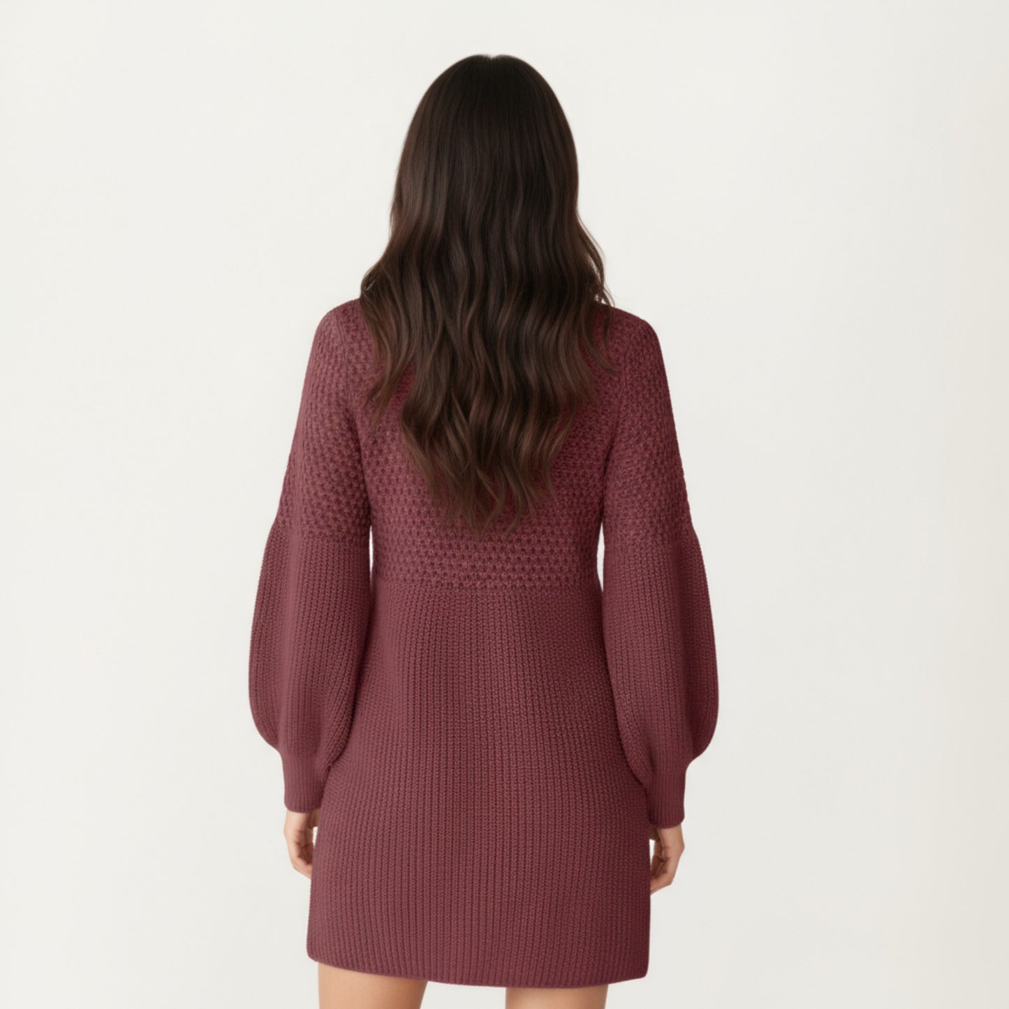Long Sleeve Knit Sweater Dress with Textured Stitch Detail and Balloon Sleeves