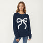 Long Sleeve Knit Sweater with Textured Bow Front Detail and Ribbed Trim