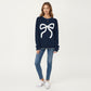 Long Sleeve Knit Sweater with Textured Bow Front Detail and Ribbed Trim