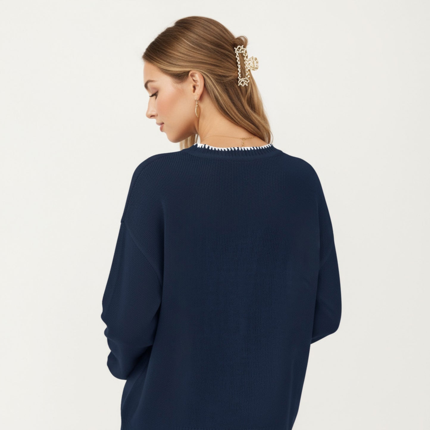 Long Sleeve Knit Sweater with Textured Bow Front Detail and Ribbed Trim