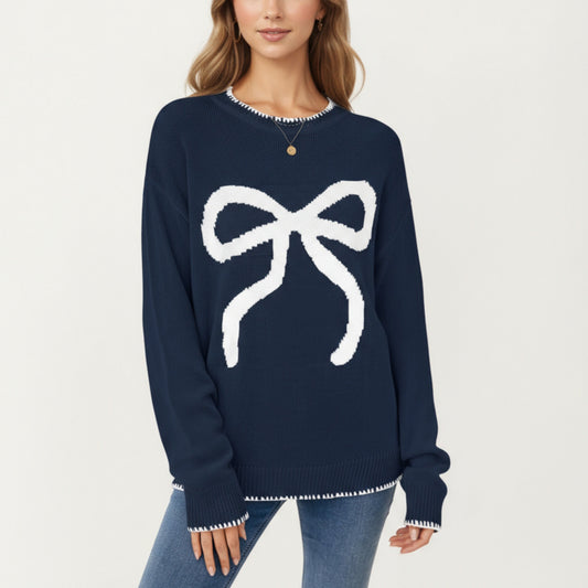 Long Sleeve Knit Sweater with Textured Bow Front Detail and Ribbed Trim