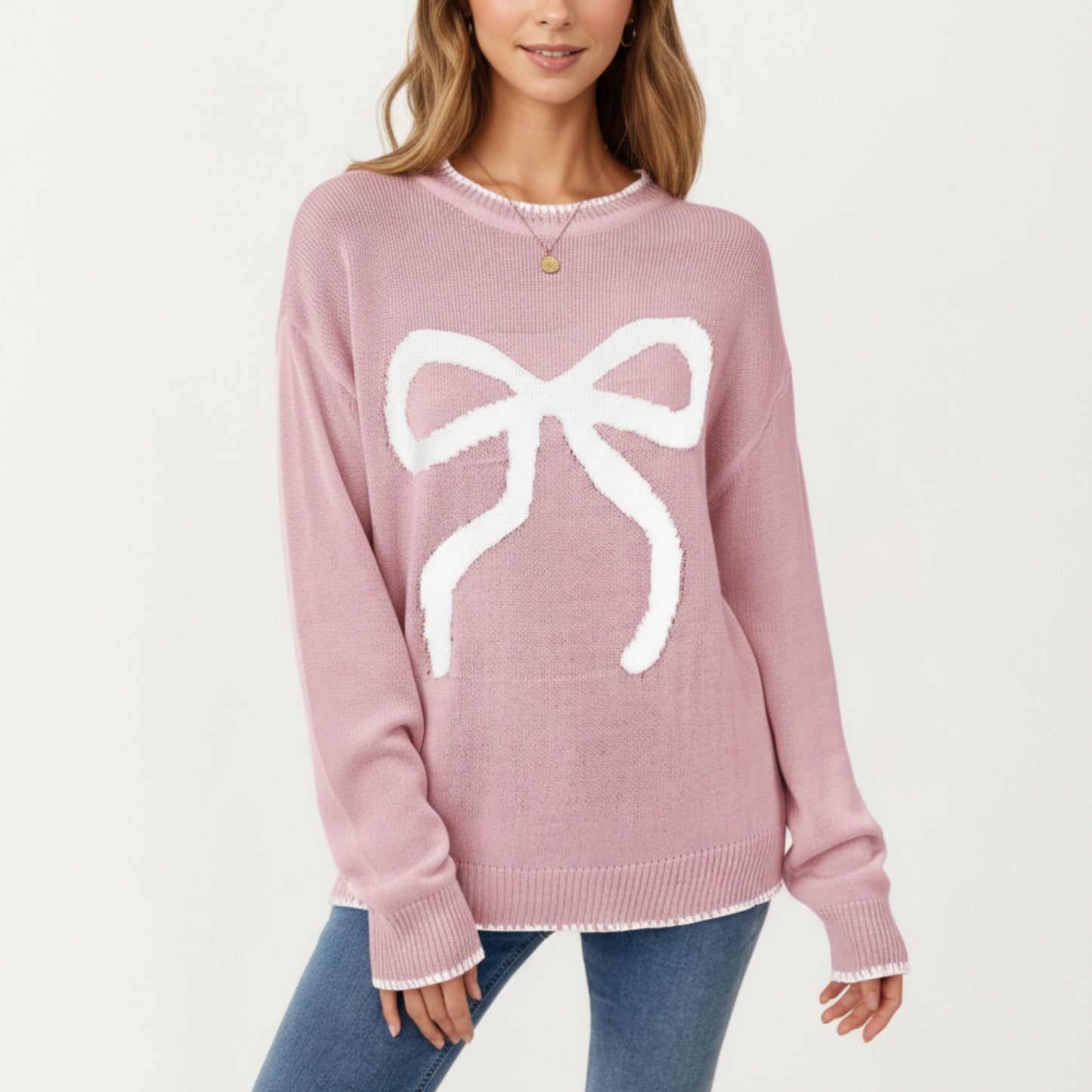 Long Sleeve Knit Sweater with Textured Bow Front Detail and Ribbed Trim