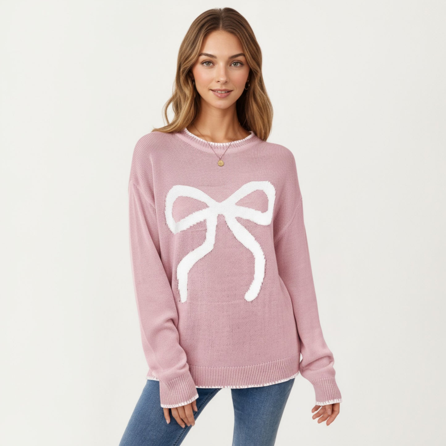 Long Sleeve Knit Sweater with Textured Bow Front Detail and Ribbed Trim
