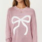 Long Sleeve Knit Sweater with Textured Bow Front Detail and Ribbed Trim