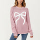 Long Sleeve Knit Sweater with Textured Bow Front Detail and Ribbed Trim