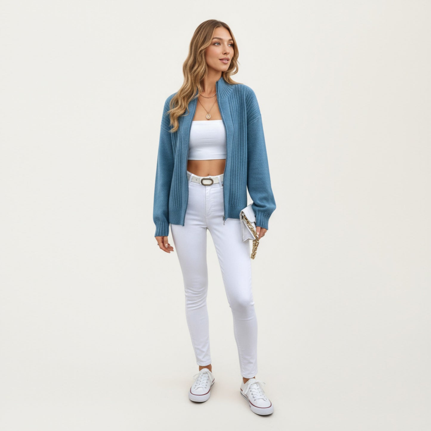 Ribbed Knit Zip-Up Cardigan with High Collar and Long Sleeves