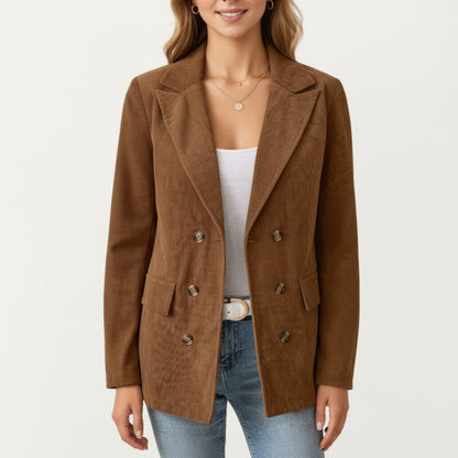 Double Breasted Corduroy Blazer with Notched Lapel and Front Flap Pockets