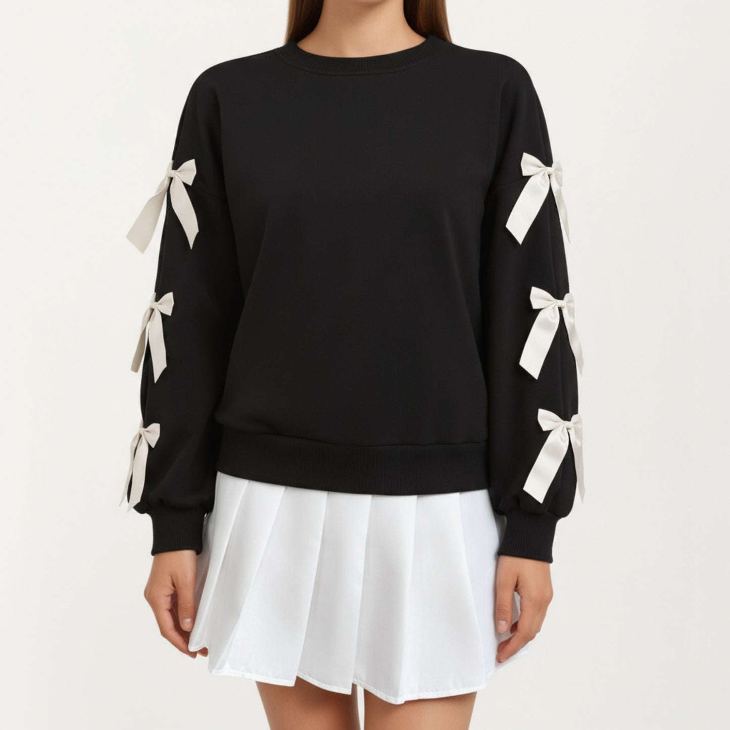 Long Sleeve Pullover Sweatshirt with Ribbon Bow Tie Details on Sleeves
